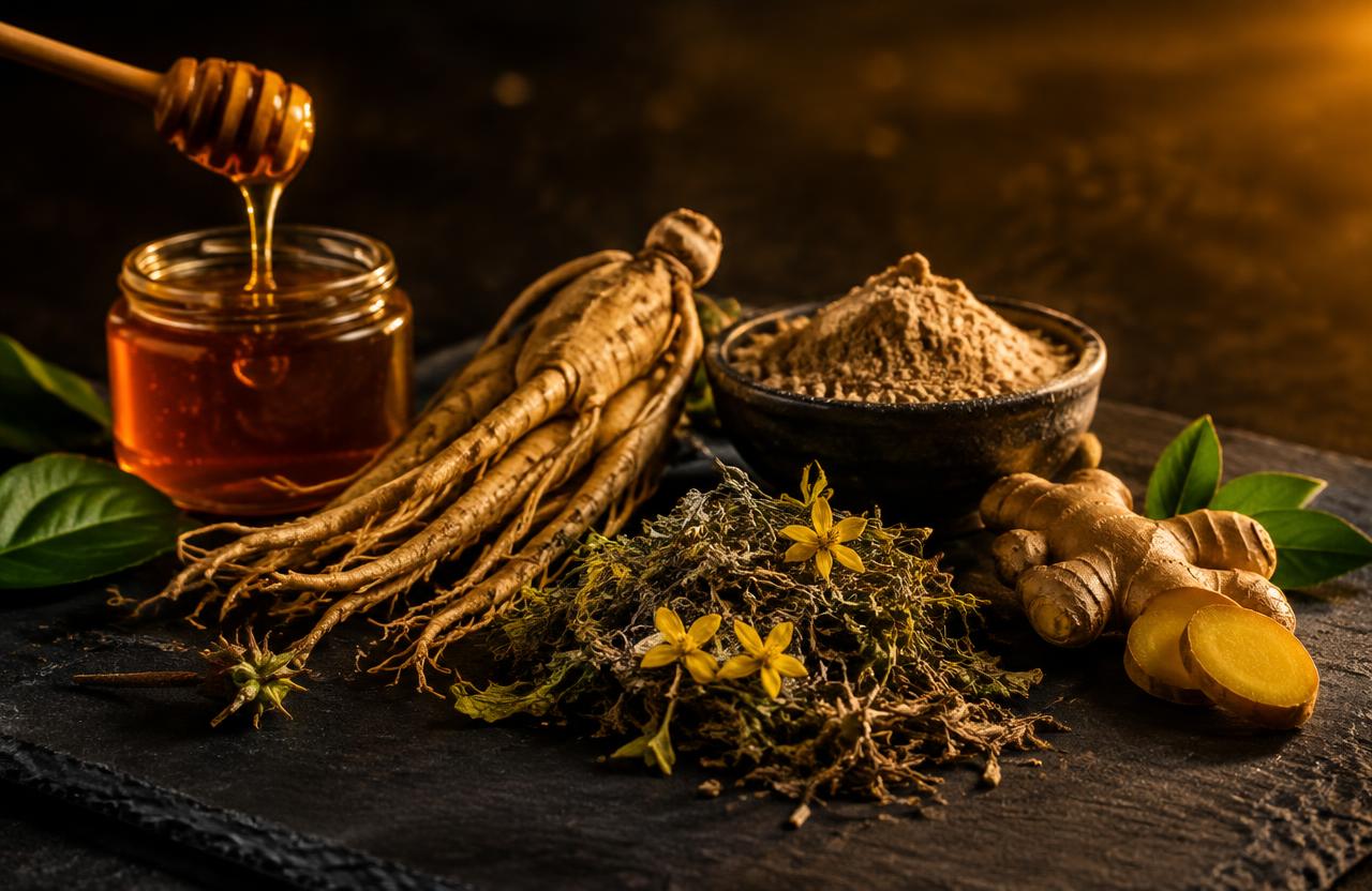 Honey, ginseng root, maca powder, tribulus and ginger on slate