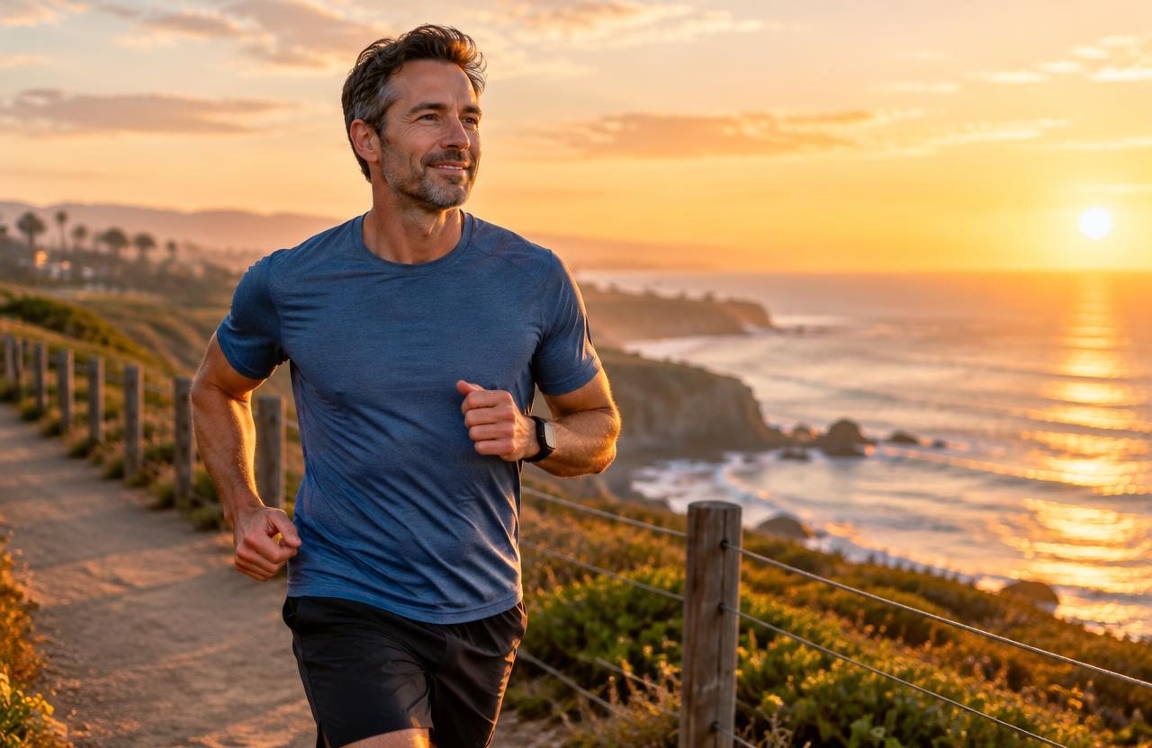 Active man jogging at sunrise, representing a healthy daily routine